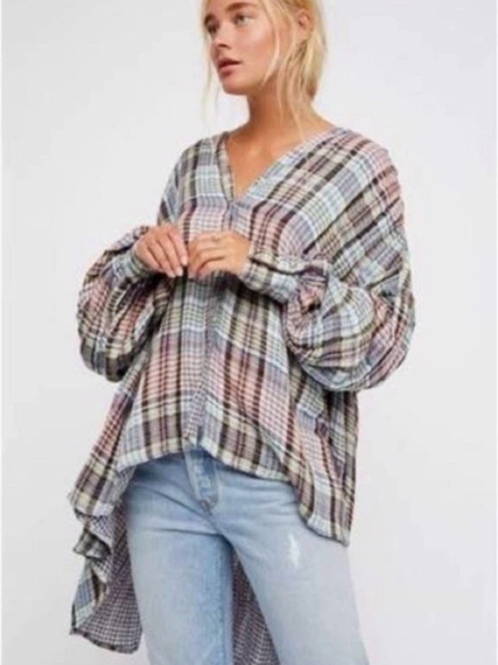 Free People Multicolor Plaid Pleated Oversized Button Down Maximalisim Size XS